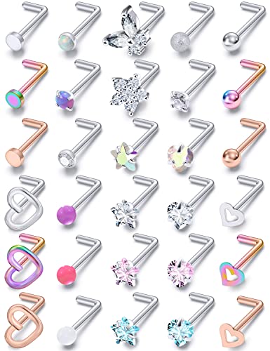 Prjndjw 20G Nose Rings Studs Surgical Steel Nose Studs Glow Dark Heart Opal CZ Flower Nose Piercing Jewelry Nose Rings For Women Straight Bend L Shaped Nose Rings 30Pcs 6.5mm Nose Piercing Kit Purple