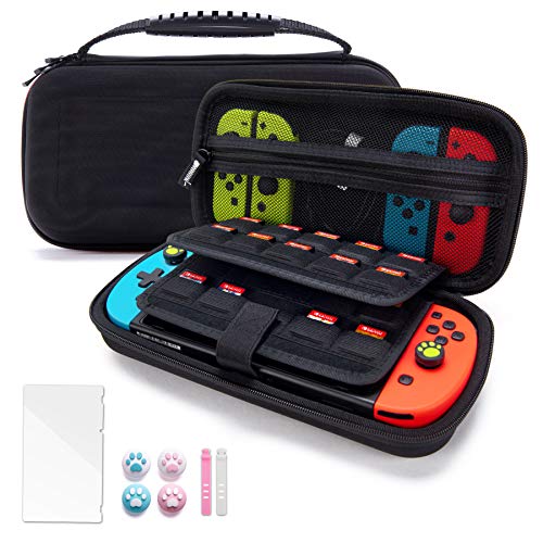 VENLING Carrying Case for Nintendo Switch, Portable Traveler Protective Cover with 19 Game Card Cartridges & 2 SD Card Slots, Storage Carry Pouch with 4 Joystick caps & 1 Screen Protector, Black