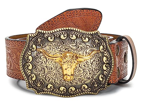 YCMI Western Cowboy Belts for Men Women - Bull Buckle Vintage Floral Engraved Belt for 25 to 38' waist