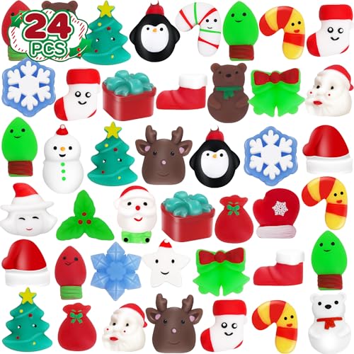 TOY Life 24 Pcs Christmas Squishies for Kids Christmas Mochi Squishy Toys Bulk Christmas Party Favors for Kids Squishy Fidget Toys for Students Christmas Treats Goodies Prizes