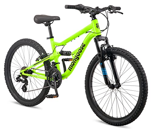 Mongoose Status Boys and Girls Mountain Bike, 24-Inch Wheels, 21 Speed Trigger Shifters, Aluminum Frame, Dual Suspension, Front and Rear Disc Brakes, Yellow