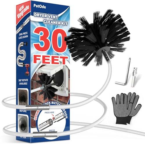 PetOde 30 Feet Dryer Vent Cleaner Kit, Enhanced Flexible Quick Snap Brush with Drill Attachment for Effective Cleaning, 360 Degree Rotation Without Loosening, Use with or Without a Power Drill
