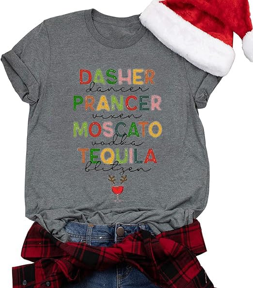 Ovazly Christmas Reindeer T Shirt for Women Funny Dancer Prancer Dasher Letter Print Casual Shirt Christmas Drinking Top Tees(Grey31,L)