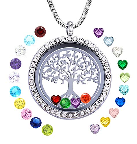 Family Tree of Life Floating Locket Necklace with 24 Birthstones, 30mm Diy Charms Living Memory Stainless Steel Pendant, Gifts for Mom Grandma Aunt Nieces Daughter Women Girls