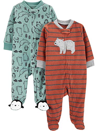 Simple Joys by Carter's Baby Boys' Fleece Footed Sleep and Play, Pack of 2, Rust Stripe/Spruce Green Forest Animals, Newborn