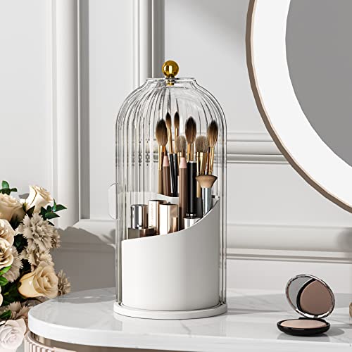 YOOLENS Makeup Brush Holder Organizer with Lid,360 Rotating Clear Dustproof Makeup Brushes Organizer for Vanity Desktop Bathroom Countertop (Transparent)