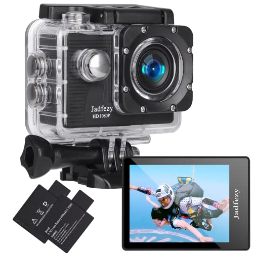 Jadfezy Action Camera FHD 1080P 12MP, 98FT/30M Underwater Waterproof Camera with 2 Batteries, Wide Angle Sports Camera with Accessories Kit Suitable for Helmet, Bicycle, etc.