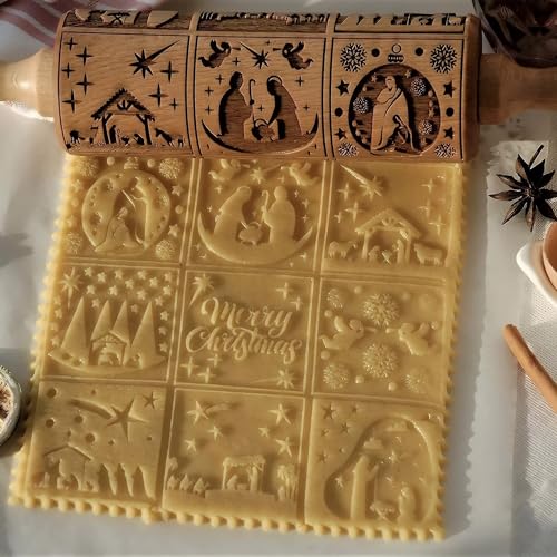 XINBADA Nativity Rolling Pin – 9 Distinctive Nativity Scene Patterns, Christmas Embossed Rolling Pins Designs for Holiday Baking Wonderful Springerle Cookie Gift Givings