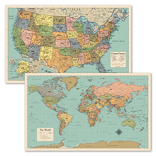 2 Pack - World Map Poster & USA Map Chart [Tan/Color] (LAMINATED, 18” x 29”)