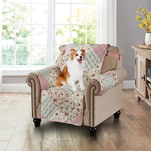 Brilliant Sunshine Pink and Green Rose Patchwork Quilted Chair Slipcover, 23' Seat Width, Slip Resistant Furniture Protector, 2' Strap, Washable Armchair Cover for Pets, Kids, Dogs, Cats, Pink Green