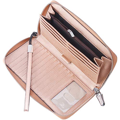 Lavemi Women's RFID Blocking 100% Leather Large Capacity Zip Around Wallet Phone Holder Clutch Travel Purse Wristlet(Large Size Pebbled Champagne Gold)