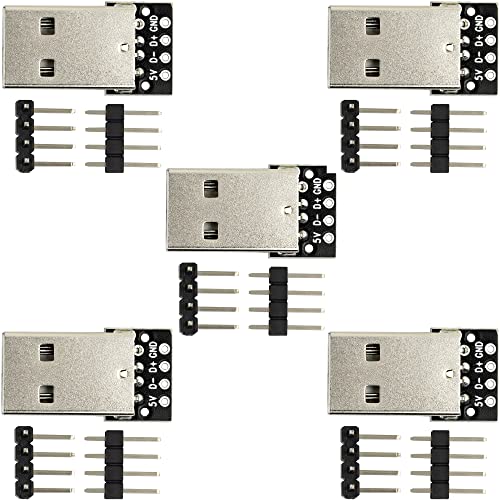 naughtystarts 5pcs USB Type A Breakout Board Male Connector USB to DIP Adapter Power Supply Board with 4 Pin Male Pin Header and Right Angel Pin Header