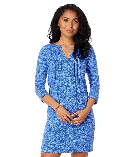 Lilly Pulitzer Fairfax Midi Dress for Women – Printed – Notch Neckline – Quarter Sleeves – Closed Back Alba Blue Easy Peasy SM One Size