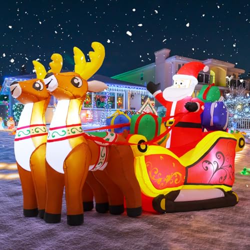 GOOSH 6.8 FT Christmas Inflatables Santa Claus Outdoor Decorations Blow Up Yard Santa on Sleigh Riding 2 Reindeer with Built-in LEDs for Xmas Party Holiday Garden Lawn Decor