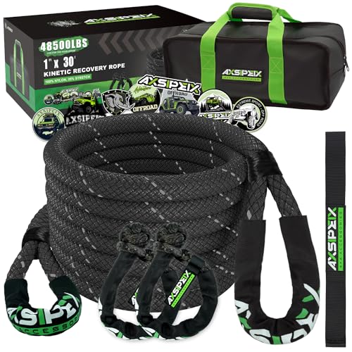 AXSIPEIX 1'×30ft Kinetic Recovery Rope (48,500lbs) Heavy Duty Offroad Recovery Rope with 2 Soft Shackles 7/16' x 22' Offroad Recovery Kit for UTV, ATV, Truck, Car (Black)