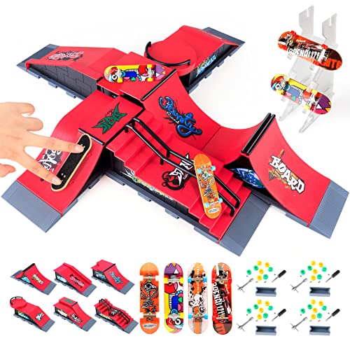 Finger Skateboard Ramp for Kids-KETIEE 6 in 1 Finger Skate Park Set with 6 Finger Deck Ramp 4 Mini Skateboards 1 Fingerboard Display Rack-Fingertip Training Props Mini Finger Toy for Kids Adults Gifts
