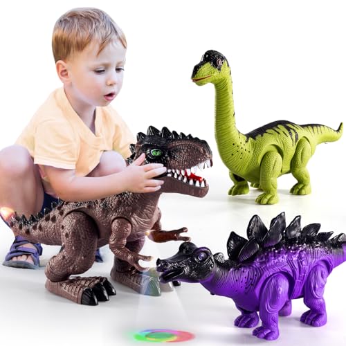 TEMI 3 Pack Electric Walking Dinosaur Toys for Toddlers 2-4 3-5 Years with Roar Sounds and Lights Up, Realistic Robot T-Rex, Brachiosaurus, Stegosaurus Dinosaur Figures for Kids
