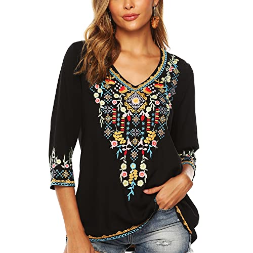 LauraKlein Womens 3/4 Sleeve Blouse Ethnic Style Floral Embroidered Tops (Black, X-Large)