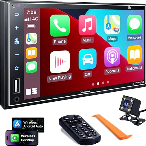 Double Din Car Stereo with Wireless Apple Carplay, Android Auto, 7 Inch Full HD Capacitive Touchscreen - Bluetooth, 4-Channel RCA, High Power, Subwoofer, Backup Camera, Steering Wheel, FM/AM Car Radio