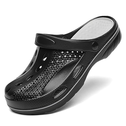 SOSOWHLTE Men's and Women's Arch Support Clogs Garden Shoes Slip-on Outdoor Beach Slippers with Removable Cushion Insole Black and Grey Size 11-11.5 Female,9.5-10 Male