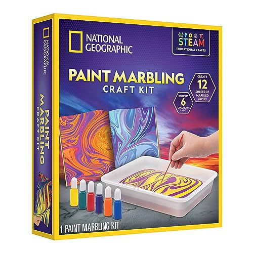 NATIONAL GEOGRAPHIC Paint Marbling Arts & Crafts Kit - Water Marbling Paint Art Kit for Kids, Create 12 Sheets of Marble Art with 6 Paints, Marbling Paint Kit, Kids Art Projects (Amazon Exclusive)