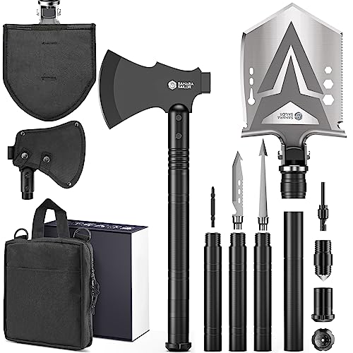 Sahara Sailor Axe, 24-in-1 Survival Gear Equipment High Carbon Steel Camping Shovel with Hatchet and 4 Thicken Extent Handles, Storage Bag Included
