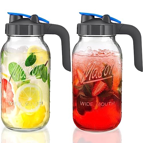 2 Pack 64 oz Sun Tea Pitcher, Half Gallon Mason Jar Pitcher with Wide Mouth Airtight Lid for Ice Tea, Cold Brew Coffee, Fridge Water, Breast Milk, Juices, Leak Proof