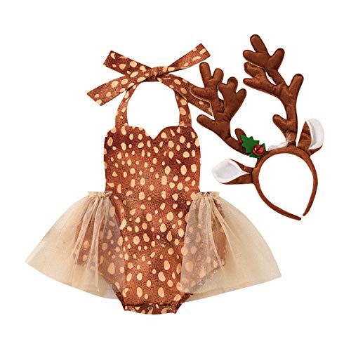 IBTOM CASTLE Toddler Girls Elk My First Christmas Halloween Costumes Cosplay Outfit W/Reindeer Hairband Fairy Tale Fancy Dress Up Gown for Birthday Party Princess Clothes Set Yellow 3-6 Months