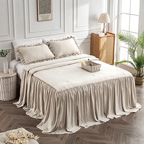 Home Bedding Set - Farmhouse Summer Coverlet Bed Spreads, Lightweight Quilt Chic Vintage Bedding Ruffle Skirt Bedspreads Bedroom Rustic with 2 Pillow Shams (Queen Wheat)