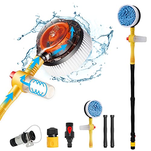 Practisol Car Wash Brush with Hose Attachment, 360 Spin Car Wash Brush with Soap Dispenser, Soft Bristle Car Cleaning Brush Mop Scrub Brush, Flow Through Car Washing Brush Kit Long Handle (Yellow)