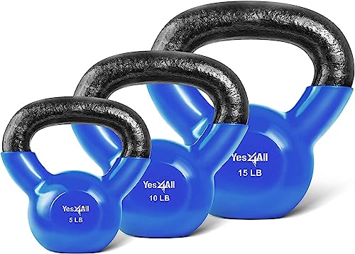 Yes4All Kettlebell Sets Vinyl Coated, Weights Set Great Kettlebells Combo for Full Body Workout and Strength Training Exercise Gym Equipment Blue, 5 10 15 lbs