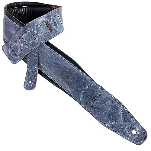 Walker And Williams C-22-BLU Handmade 3' Wide Washed Denim Blue Thick Premium Grain Leather Double Padded Guitar Strap For Acoustic, Electric, And Bass Guitars