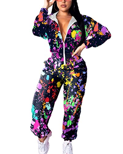 EOSIEDUR Women's One Piece Tracksuit Outfits Windbreaker Jacket Camouflage Crop Top Pants Jumpsuit Set Tie-dyed M