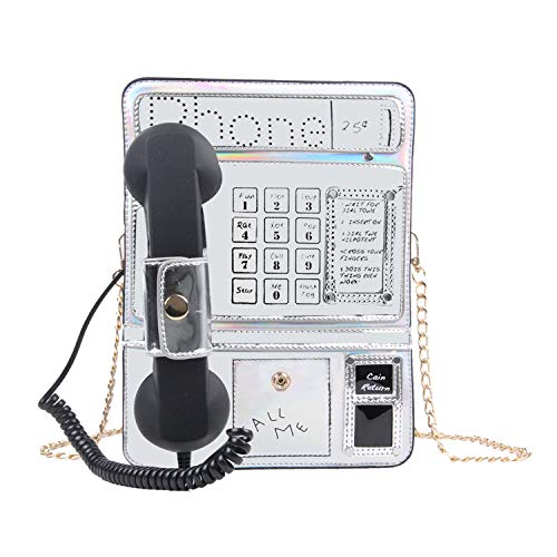 KUANG! Women Reflective Laser Fashion Telephone Shaped Shoulder Bag Ladies Funny Crossbody Bag Chain Purse
