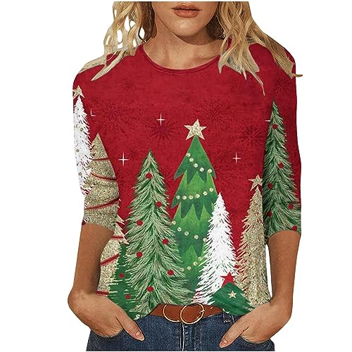 Merry Christmas Womens Tops 2023 Fall Winter Casual Dressy Christmas Printed Crew Neck Pullover Trendy 3/4 Sleeve Blouse