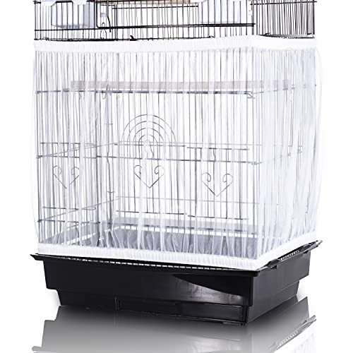 Tamu style Bird Cage Seed Catcher, Large, Stretchy Form Fitting Mesh Skirt Cover for Parrot Enclosures, Light and Breathable Fabric, Prevent Scatter and Mess, Reusable, Adjustable, Lightweight, White