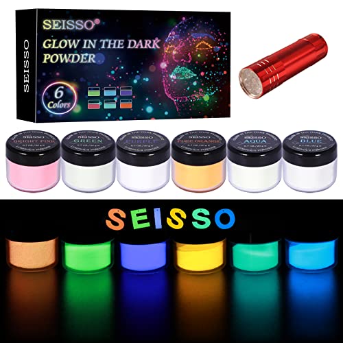 Glow in The Dark Powder Pigment with Flashlight, 120g Luminous Powder Dye Set, 20 g/0.7oz Each, Neutral and Fluorescent Colors for Various Activities, Evening Parties, Halloween, Nail Art, Crafts