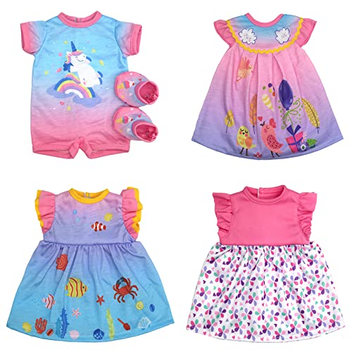4 Pack Doll Clothes for 13-16 inch Baby Dolls, Unicorn Print Dress for 13-16 inches Dolls, Compatible with Toy JC, Toy Manhattan, Toy Doug Melissa and More