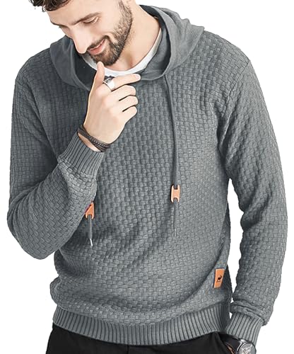Zaitun Mens Hooded Sweatshirt Long Sleeve Solid Knitted Hoodie Pullover Sweater Dark Gray