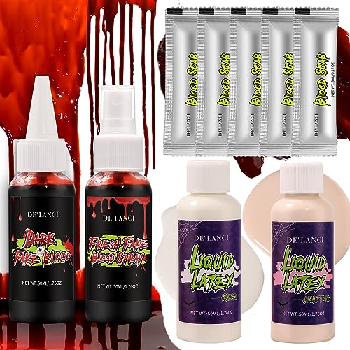 Fake Blood and Liquid Latex, Liquid Latex Fake Blood SFX Makeup Kits, 2pcs Liquid Latex(50ml),Fake Blood Spray(50ml),Stage Blood(50ml), Fake Coagulated Blood (30g), Halloween SFX Makeup Kit for Face