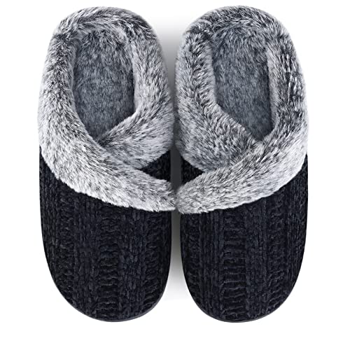Homitem Fuzzy Slippers for Women Indoor and Outdoor Fluffy Bedroom House Shoes with Arch Support Memory Foam Winter Warm Ladeis Cute Comfy Cozy Black Size 7-8