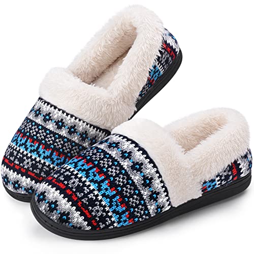 Homitem Women's Slippers Memory Foam Slip-On Knit Cozy Fuzzy House Shoes Wool-Like Plush Fleece Lined Warm Indoor Outdoor Use Anti-Skid Rubber Sole(Size 7-8,Blue