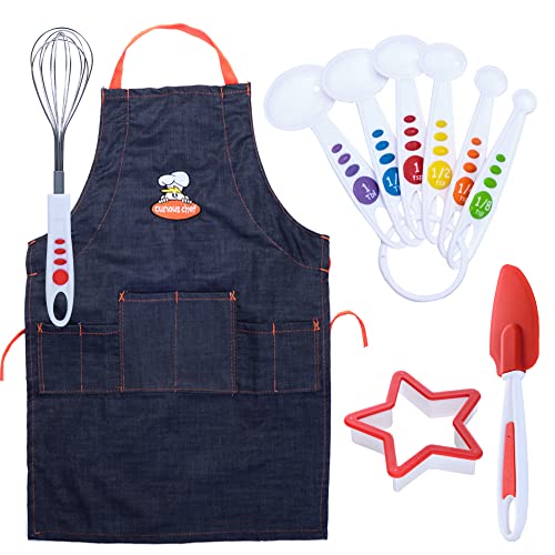 Curious Chef 11-Piece Denim Chef's Kit for Kids, Includes Real Cooking and Baking Tools - Cotton Apron, Whisk, Spatula, Mixing Spoon, Measuring Spoon Set, and Cookie Cutter