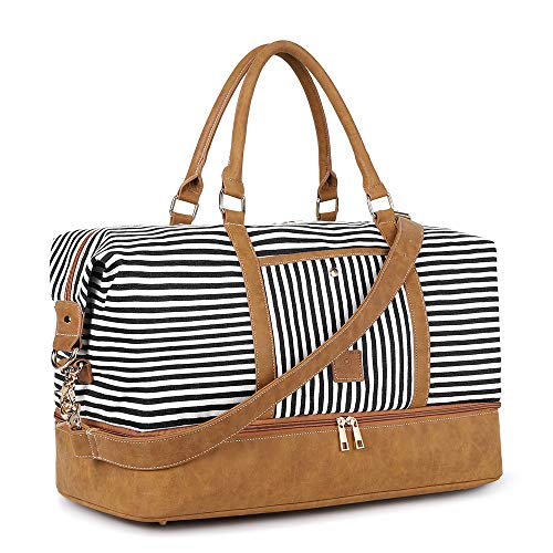 Gonex Canvas Duffel Weekender Bag with Shoe Compartment 42L Overnight Travel Tote Bag(Black Stripe)