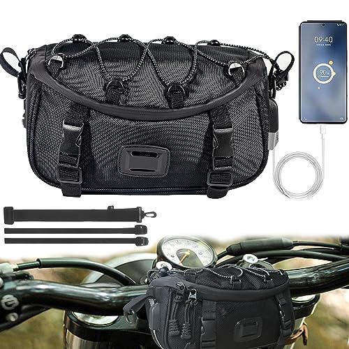 JIYIFOUHY Universal Motorcycle Bag, Black Motorcycle Handlebar Bag Tool Bag Front Fork Bag Sissy Bar Bag 1680D Water Resistant For Harley Motorbike Dirt Bike Snowmobile ATV with USB Charge Port