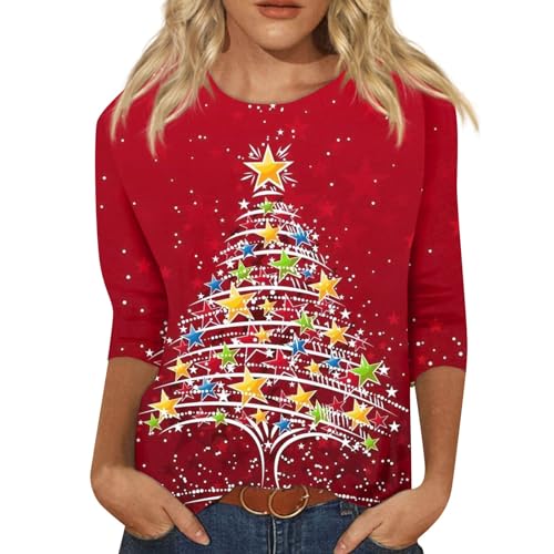 Vintage Christmas Fitted 3/4 Sleeve Tops for Women Womens Plus Size Blouses 3/4 Sleeve Crewneck Wicking Shirts Fall Button Up Tops Winter Ethnic Floral Work Blouses 01-Red Large