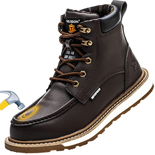 KELODON Waterproof Steel Toe Boots For Men-6' Leather Work Boots Indestructible Construction Boots Safety Boots,Dark Brown,size 9.5 Men