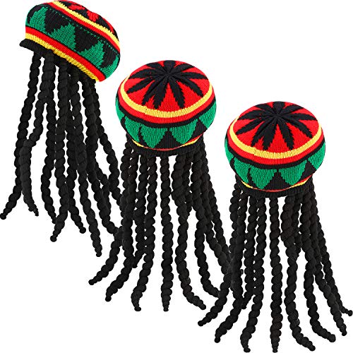 SATINIOR 3 Pack Rasta Hats for Men Rasta Dreadlocks Jamaican Hats Rasta Hat with Black Dreadlocks Wig Rasta Wig