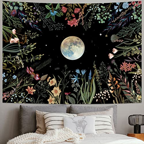 Amhokhui Moonlit Garden Tapestry Moon Tapestry Flower Tapestry Colorful Plants Tapestry Black Tapestry Floral Tapestry Wall Hanging Decor for Room