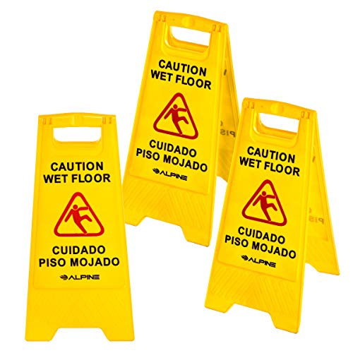 Alpine Wet Floor Signs 3 Pack - 24 Inch Caution Wet Floor Sign, High Visibility Yellow Slippery When Wet Sign - Bilingual Safety Warning Sign to Easily Avoid Slippery Accidents in High Traffic Areas